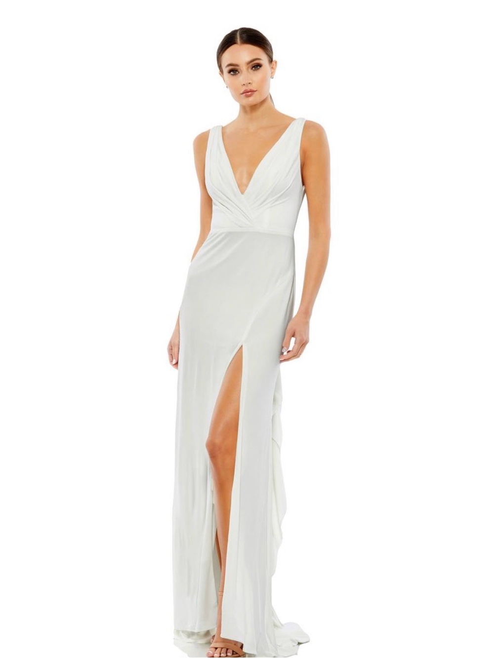 Mac Duggal White Plunge V‑Neck Maxi Gown